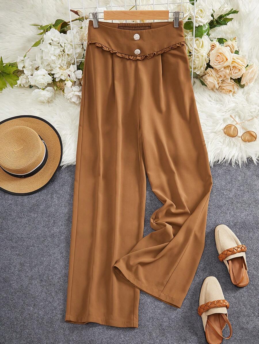 Modelyn Solid Ruffle Trim Button Front Suit Pants - Rust Brown - View 1