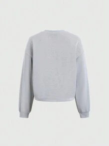 SHEIN Unity 女士秋冬字母与植物印花落肩套头卫衣 - 灰色 - 查看 2