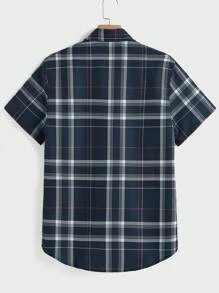 Manfinity VCAY 2 piezas Conjunto casual de camisa de manga corta con cuello abotonado a cuadros y pantalones cortos para hombre - Azul Marino - Ver 6