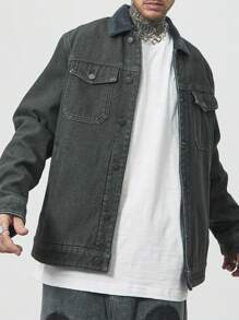 Manfinity Homme Men's Solid Color Front Button Pocket Casual Denim Jacket - Light Wash - View 1