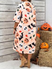 大码女式南瓜印花口袋 3/4 袖连帽长款休闲连衣裙，夏季 - 彩色 - 查看 2