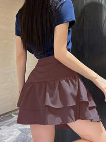 SHEIN Unity 女士纯色孔眼系带腰部荷叶边下摆 A 字裙 - 棕色 - View 2