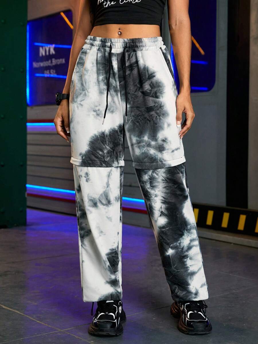 SHEIN Sports Women's Drawstring Waist Tie-Dye Print Casual Straight Leg Sweatpants - Black and White - View 1
