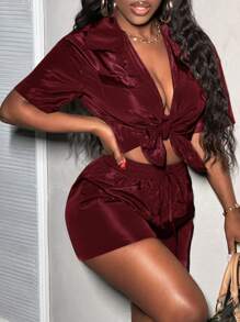 Slaydiva Summer Casual Loose Fit Short Sleeve Button Open Front Shirt And Shorts Set Outfits - Burgundy - View 1