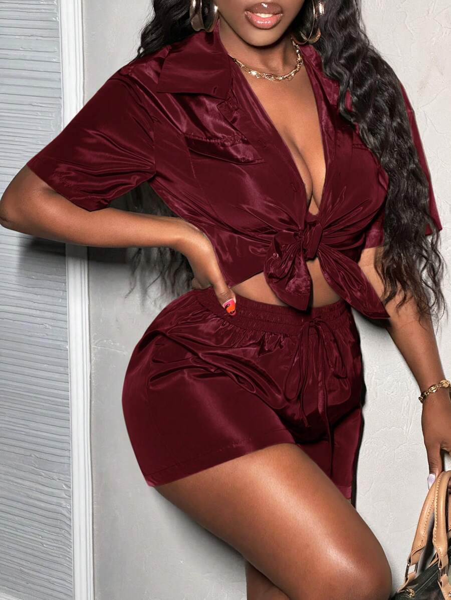 Slaydiva Summer Casual Loose Fit Short Sleeve Button Open Front Shirt And Shorts Set Outfits - Burgundy - View 1