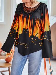 EMERY ROSE Plus Size Women Halloween Theme Cat Print Crew Neck Long Sleeve T-Shirt - Multicolor - View 4