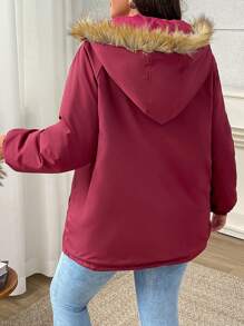 SHEIN LUNE 加大码纯色简约日常长袖加厚棉服外套冬季 - 酒紅色 - 查看 2