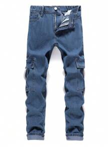 SHEIN Explorewe Casual Denim Cargo Pants For Tween Boys Chic Outfits For Autumn/Winter - Medium Wash - View 1