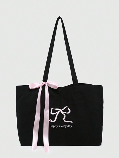 Kawaii حقيبة تسوق كبيرة بحمالة ربط عقدة الفراشة وشعار إنجليزي مطرز بطابع رجعي للنساء، مناسبة للتسوق أو الذهاب إلى المدرسة