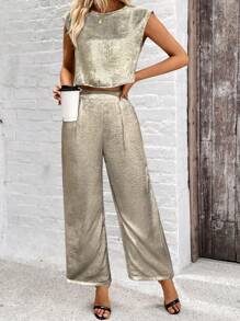 SHEIN Clasi Solid Color Sleeveless T-Shirt And Pants Set