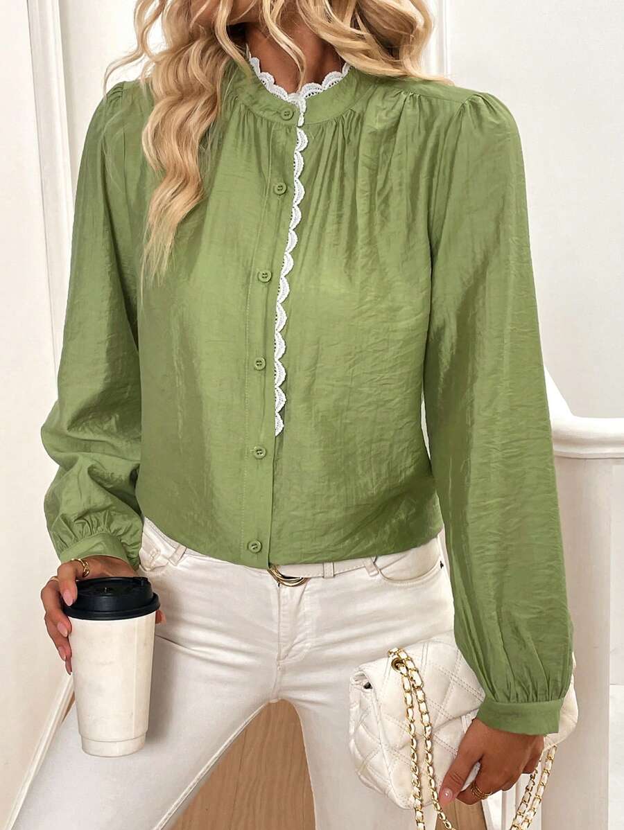 SHEIN LUNE Lace Trim Colorblock Stand Collar Puff Sleeve Shirt, Fall And Spring - Green - View 1