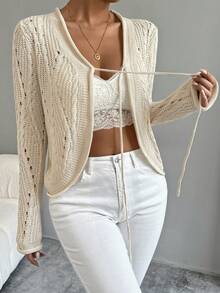 SHEIN LUNE Sheer Tie-Front Short Kimono Cardigan With Curved Hem - Apricot - View 6