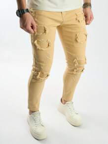 Manfinity Roughcore Men's Solid Color Pocket Design Distressed Hem Casual Denim Jeans - Khaki - View 4