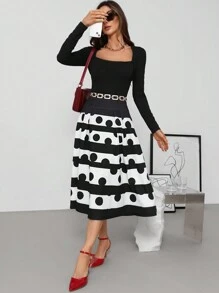 SHEIN Clasi Gonna a ruota elegante a pois bianca e nera per donne - Bianco e nero - Visualizzare 3