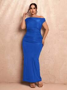 SHEIN BAE Plus Size Women's Solid Green Asymmetric Shoulder Ruched Bodycon Long Dress, Summer