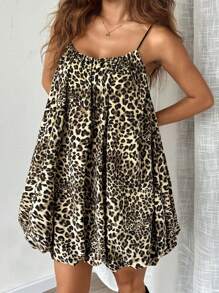 SHEIN EZwear Vestido de verano con volantes y tirantes de mujer con estampado de leopardo en línea A