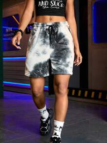 SHEIN Sports Women's Drawstring Waist Tie-Dye Print Casual Straight Leg Sweatpants - Black and White - View 2
