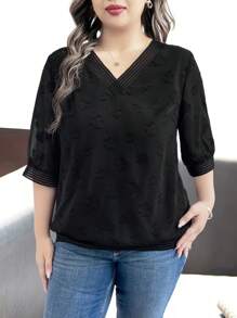 SHEIN Clasi Plus Size Women's Summer Solid V-Neck Short Sleeve Loose Casual Blouse