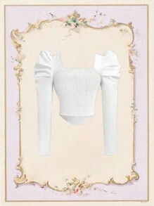 SHEIN MOD Bluzka damska na wiosnę/jesień z kwadratowym kołnierzykiem, rękawami typu gigot, w kolorze białym, z kokardą z przodu - Biały - Zobacz 2