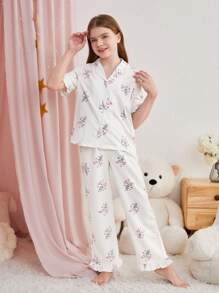 SHEIN Tween Girl 荷叶边 V 领口袋短袖上衣和休闲裤 2 件套家居服套装 - 西瓜粉 - 查看 5
