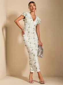 SHEIN BAE Women Ruffled Bodycon Dress With Floral Print And Spaghetti Strap Deep V-Neck Long Dress