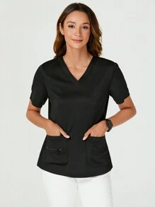 TaskEZ 纯色 V 领短袖口袋制服手术服上衣 - 黑色 - 查看 3