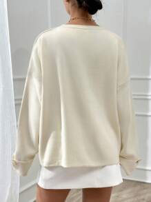 EURMUSE Woman Double Sleeve Button Detailed Oversize Thick Winter Sweater Warm Touch - Beige - View 2