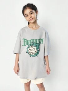 SUMWON Tween Girls Washed Oversized Fit Drop Shoulder Tee With Graphic Print - Grey - View 1