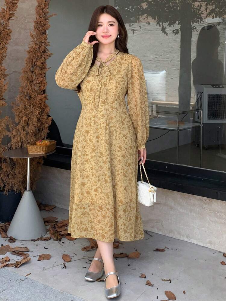 Dazy Petite Plus Plus Size Long Sleeve Ditsy Floral Full Print Front-Tie Dress, Casual Spring Outfit,Fall Clothes Maxi Dress Boho