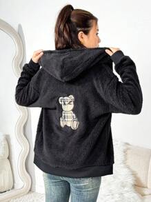 Teen Girls' Front Zipper Long Sleeve Reversible Fleece Hooded Jacket With Bear Pattern - Black - View 6