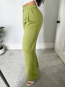 SHEIN SXY Women Casual Business Casual Solid Color Pleated Chino Pants High Waisted Pants In Summer Teachers' Day Office Olive Green - Green - View 5