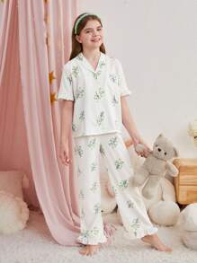 SHEIN Tween Girl 荷叶边 V 领口袋短袖上衣和裤子休闲家居服套装 - 薄荷綠 - 查看 4