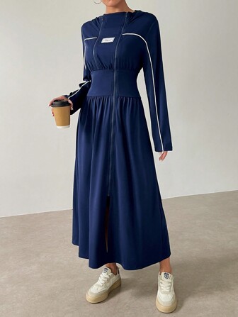 Mulvari Vestido maxi con capucha, bloqueo de color, recorte en la cintura, para primavera y otoño