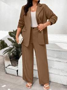 Celure Ensemble veste à manches longues et boutons devant avec pantalon, taille grande, unicolore