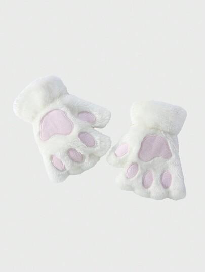 Kawaii Cat Paw Design Fuzzy Fingerless Gloves