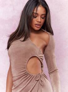 MISSGUIDED 不对称单肩镂空侧褶饰紧身迷你连衣裙 - 咖啡棕 - 查看 3