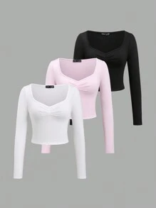 Sweetra Bộ 5 áo thun dài tay cổ cao ôm sát, đa năng, phong cách Y2K mùa thu dành cho nữ. - Nhiều màu - Xem 1