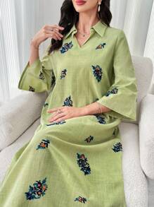 Al Najma Women's Floral Print 3/4 Sleeve Long Collar Arabian Modest Dress