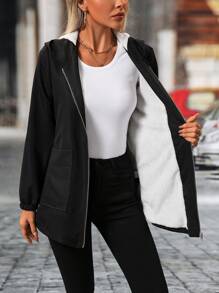 SHEIN LUNE Abrigo regular de forro polar con capucha de unicolor casual para mujer en otoño e invierno - Negro - Ver 6