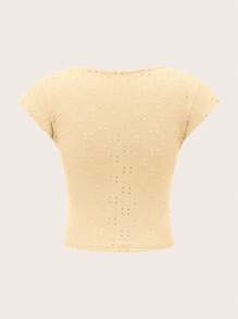 SHEIN ICON Solid Eyelet Embroidery Backless Crop Tee - Yellow - View 2