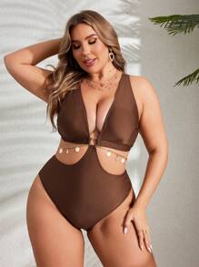 Swim Lushoire Plus Size Solid Color Cut Out Waist One-Piece Swimsuit With Ring Shell Decor, Summer Beach Bathing Suit - Brown - View 3