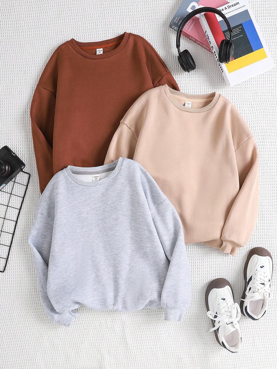 SHEIN 3件套少女返校休闲宽松纯色抓绒卫衣,时尚秋冬款 - 彩色 - 查看 1