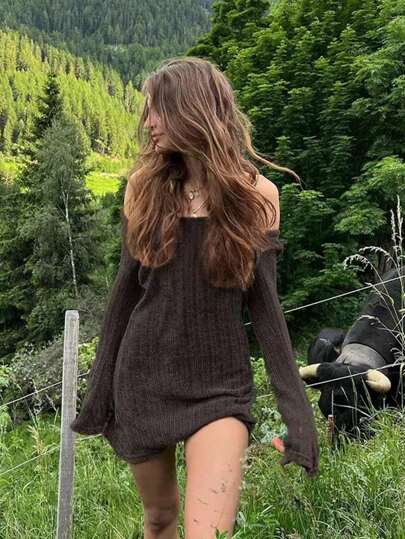 INAWLY 女士纯色露肩毛衣连衣裙