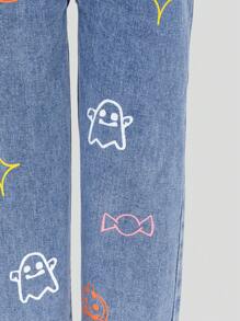 Young Girls' Simple Casual Halloween Cute Print Uneven Waistband Loose Straight Leg Jeans - Medium Wash - View 5