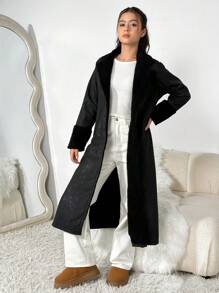 SHEIN Girl & Teen Girls Faux Suede Lined Long Jacket - Black - View 3