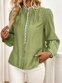 SHEIN LUNE Lace Trim Colorblock Stand Collar Puff Sleeve Shirt, Fall And Spring - Green - View 4