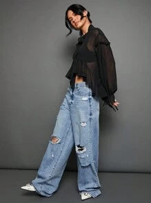 WESTFADE Neck Scarf Tie Ruffle Peplum Long Bow Sleeve Crop Top Spring Summer Vacation Outfit