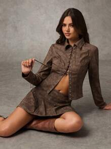 SHEIN BAE 女士春秋扎染孔眼系带长袖休闲西装外套 秋装 秋季女装 秋季夹克 秋季女士皮衣 女士夹克 冬季女装 暗黑学院风 冬装 女士大衣 冬季大衣 冬季服装 - 卡其色 - 查看 2