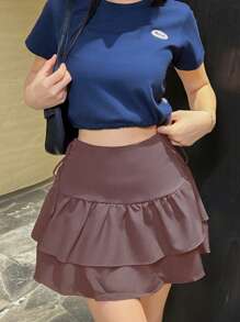 SHEIN Unity 女士纯色孔眼系带腰部荷叶边下摆 A 字裙 - 棕色 - View 3
