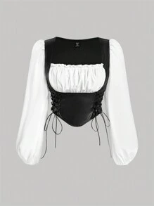 SHEIN MOD 大码复古黑白 PU 拼接灯笼袖女式衬衫 - 黑與白 - 查看 1